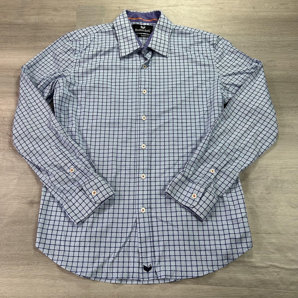Buttercloth Dress Shirt Mens Large Blue‎ Check Button Down Long Sleeve Casual
